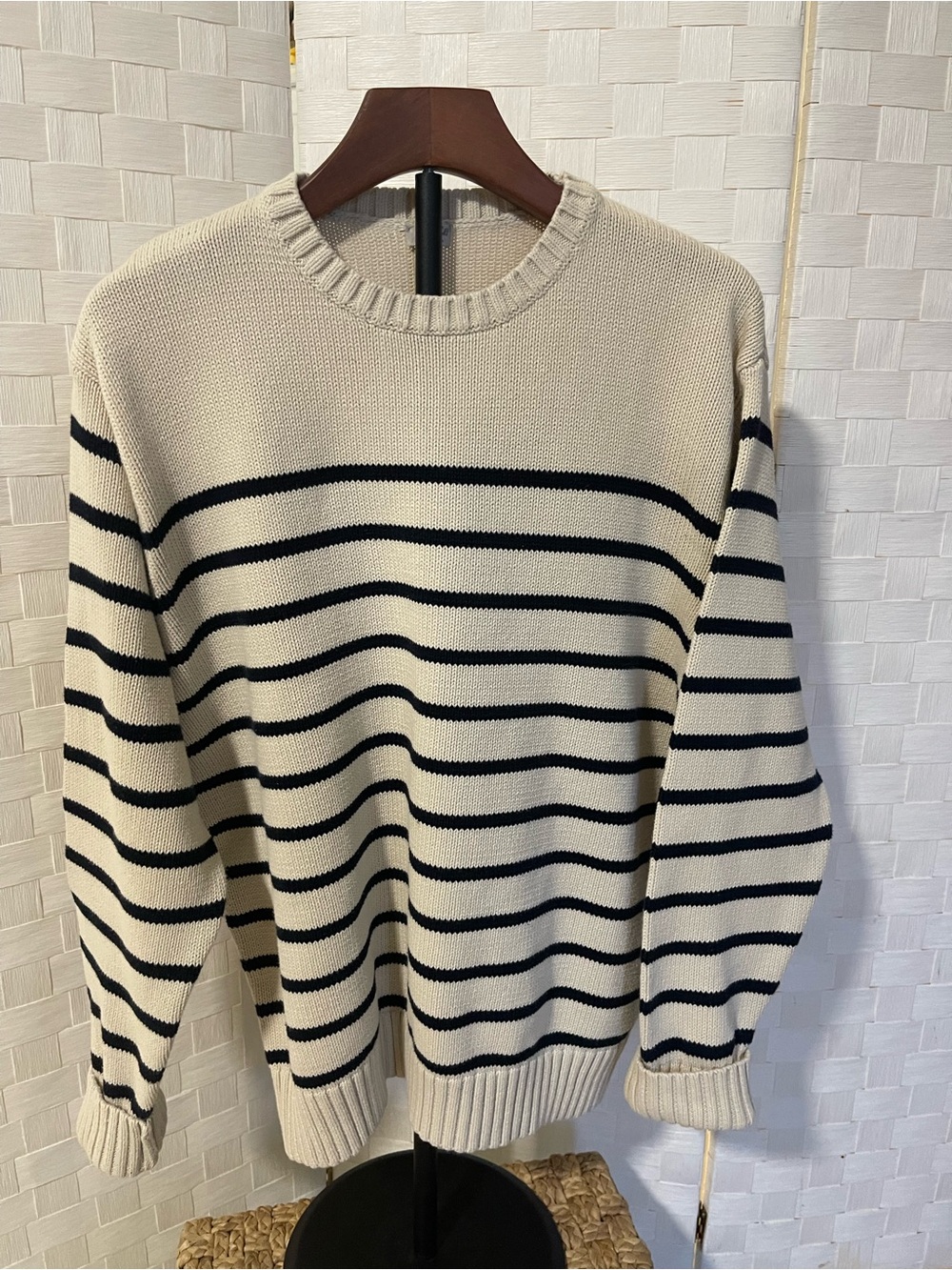 Brandy Melville Cream and Black Striped Crewneck Sweater